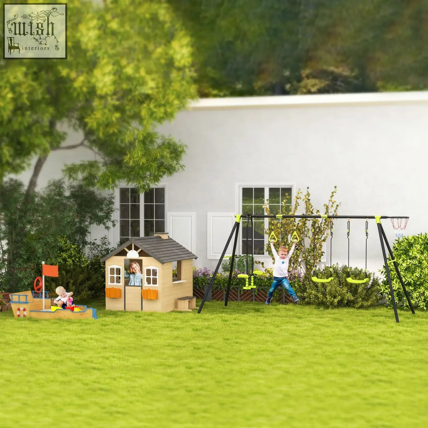 Black metal swing set with neon green accents and basketball hoop next to fir wood sand pit with bench and bottom liner