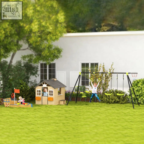 Black metal swing set with neon green accents and basketball hoop next to fir wood sand pit with bench and bottom liner
