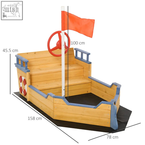 Outsunny fir wood pirate ship sand pit with blue accents red steering wheel orange flag and bench for outdoor play