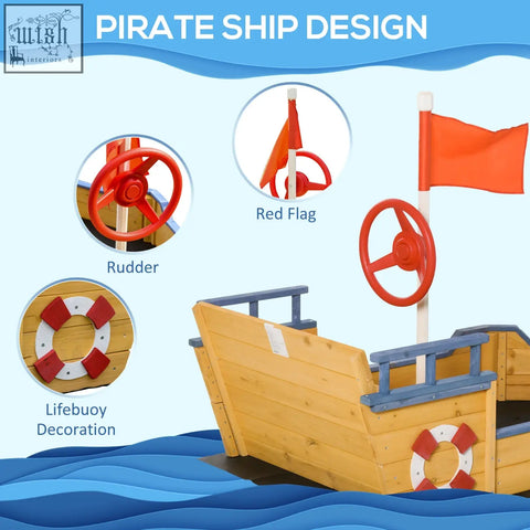 Yellow fir wood pirate ship sand pit with red steering wheel orange flag and lifebuoy features for kids outdoor play