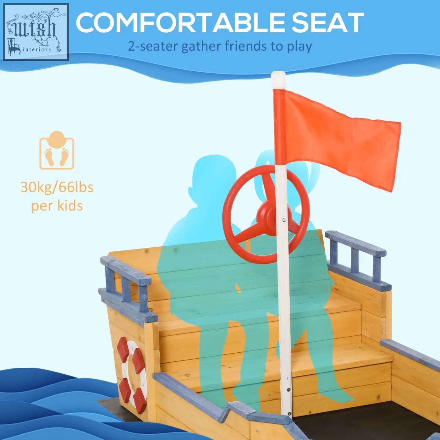 Wooden pirate ship sand pit playset with red steering wheel orange flag blue railings made of fir wood for backyard fun