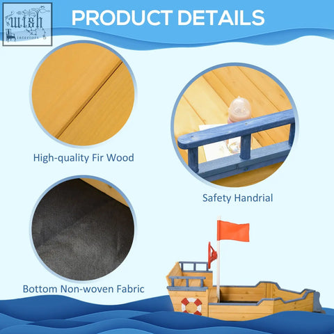 Wooden pirate ship sandboat with blue handrail orange flag lifebuoy made of fir wood perfect for outdoor sand pit fun