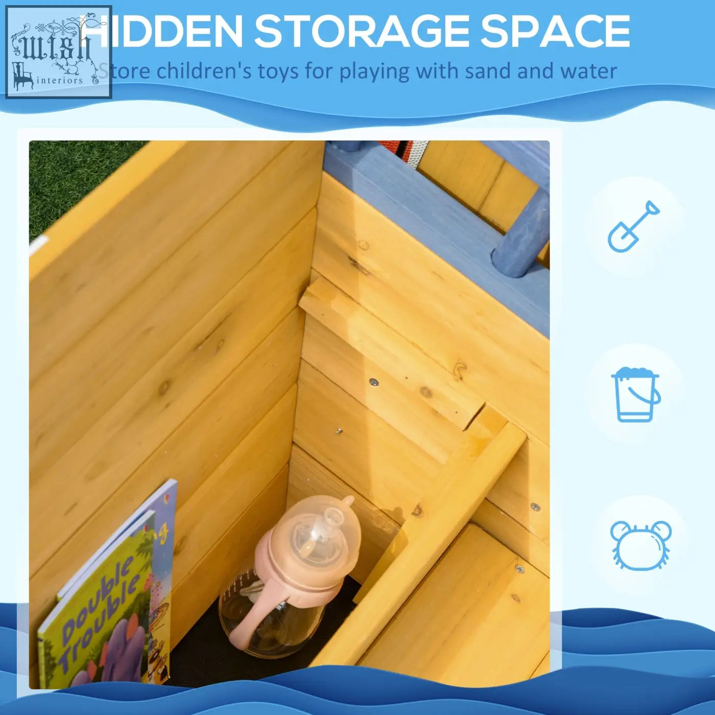 Light-colored fir wood sand pit playhouse with hidden storage for kids sand and water toys outdoor backyard playset