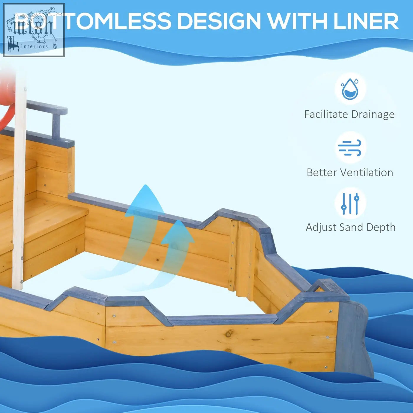 Wooden pirate ship sand pit made of fir wood with bottomless design and gray trim for outdoor kids playset