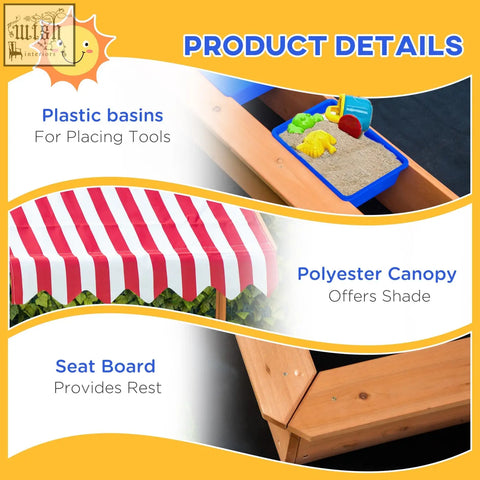 Blue plastic basin filled with sand and colorful toy tools in kids wooden sandbox with plastic basins and bottomless design