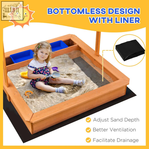 Outsunny kids wooden sandbox with bottomless design black liner plastic basins and adjustable canopy for outdoor play