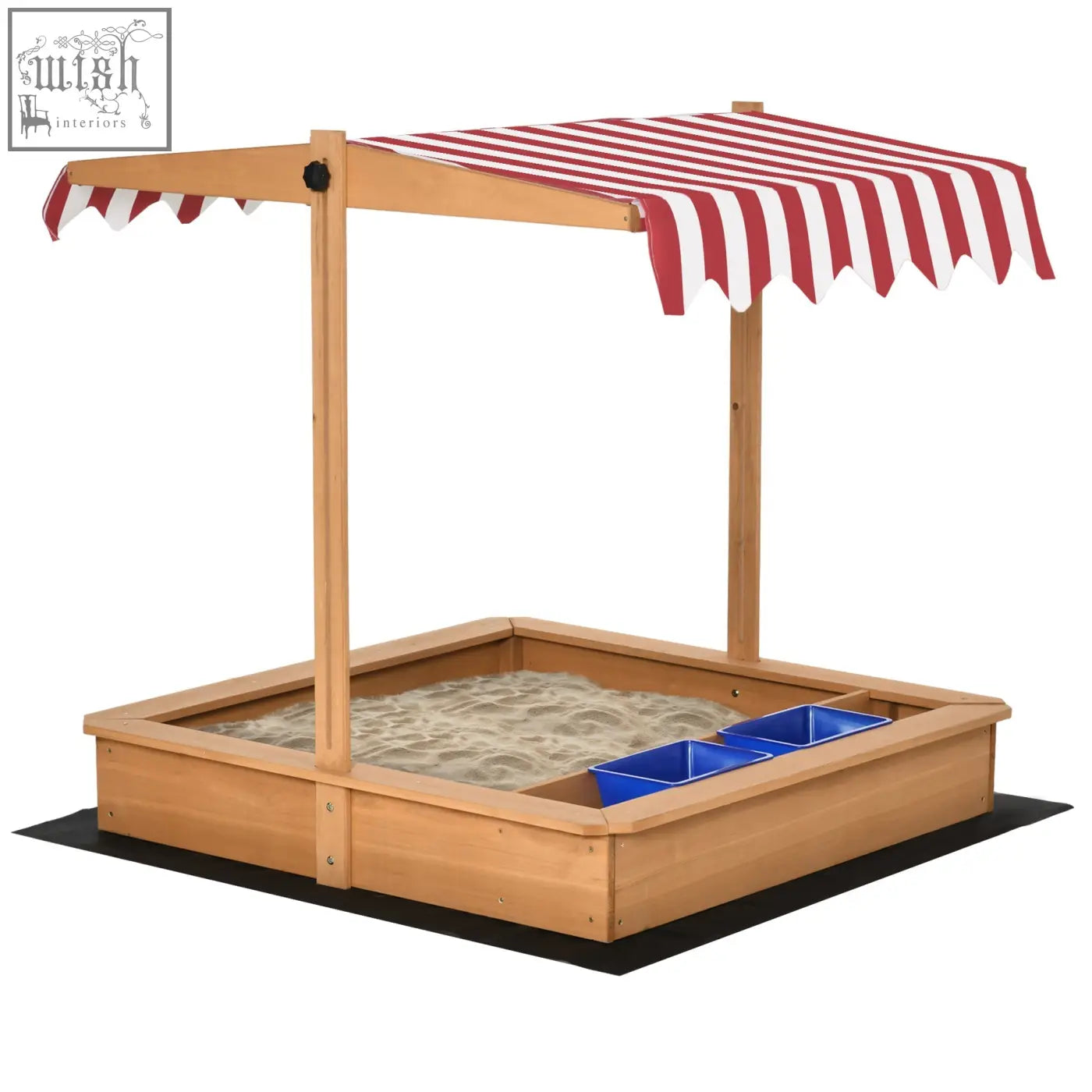 Outsunny kids wooden sandbox with red and white canopy, blue plastic basins, bottomless design, and adjustable height