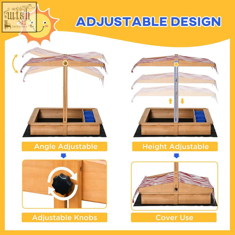 Adjustable kids wooden sandbox with striped canopy and blue plastic basins features bottomless design for outdoor fun