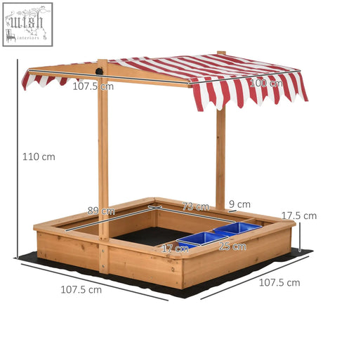 Outsunny kids wooden sandbox with red and white striped canopy bottomless design and plastic basins for outdoor play