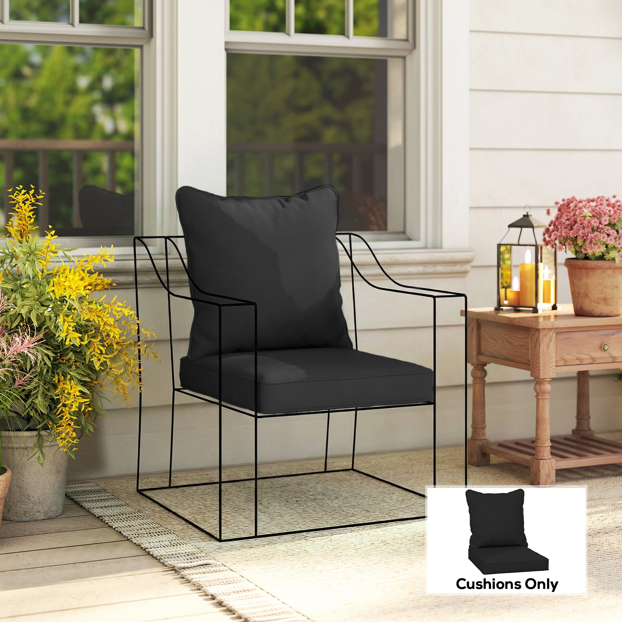 Black Outsunny seat and back padded cushion set for modern wireframe chair featuring comfortable seat cushion and cushion dimension