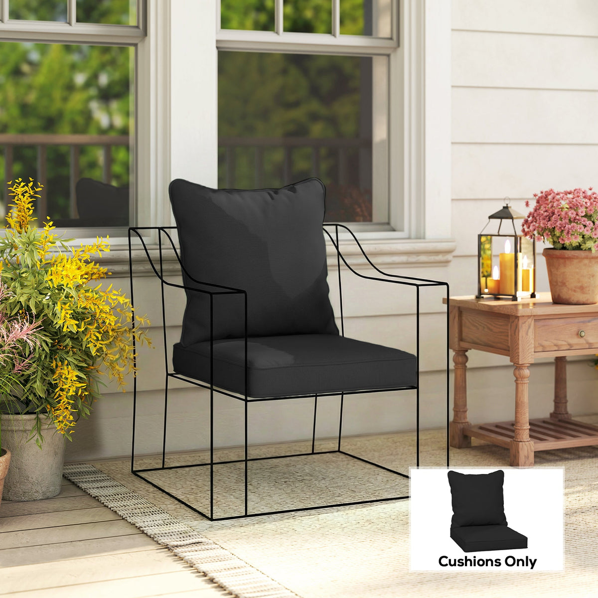 Black Outsunny seat and back padded cushion set for modern wireframe chair featuring comfortable seat cushion and cushion dimension