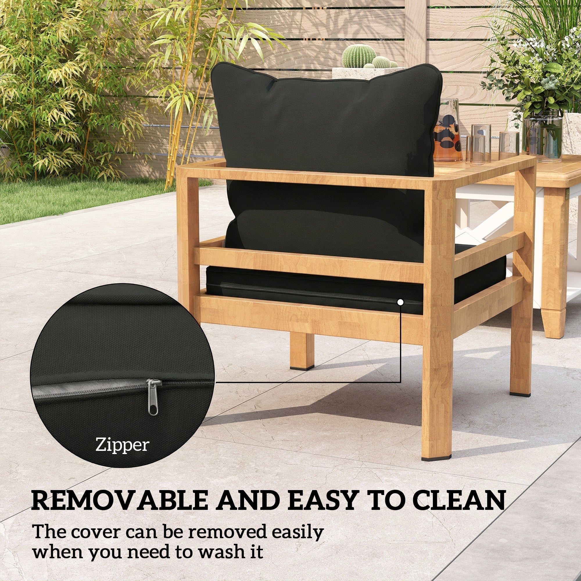 Black outsunny seat cushion with zipper closure designed for outdoor use and easy removal for cleaning in cushion set