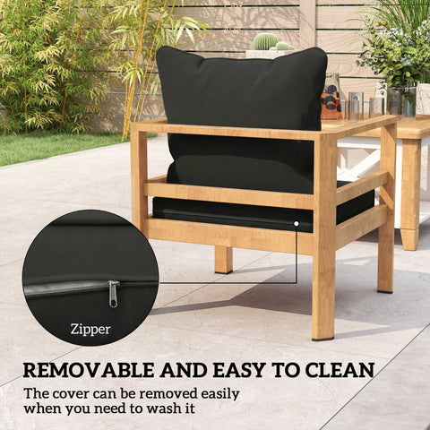 Black outsunny seat cushion with zipper closure designed for outdoor use and easy removal for cleaning in cushion set