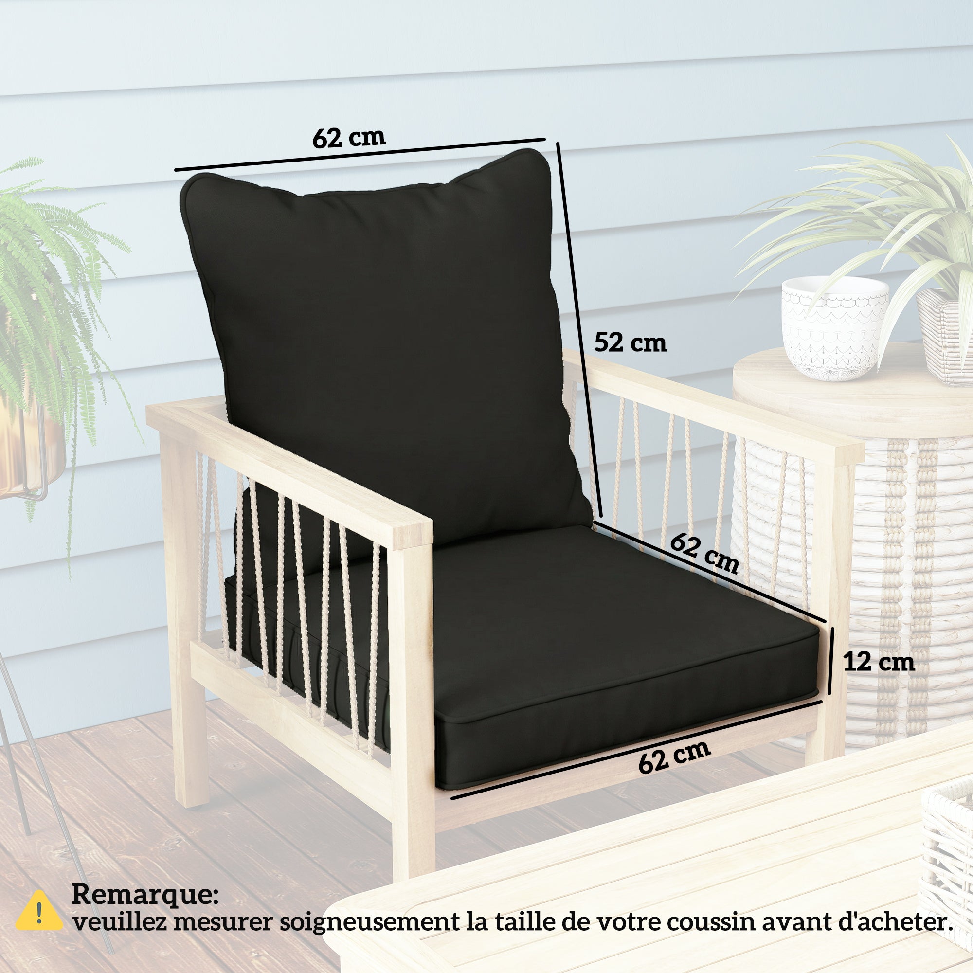Black Outsunny seat and back padded cushion set with clean lines for light wood armchair seat cushion and back support