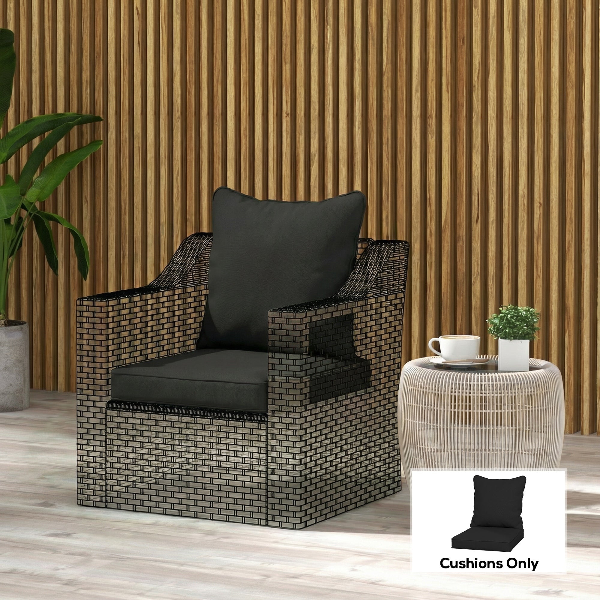 Black woven wicker armchair with black seat cushion and padded cushion set by Outsunny cushion only