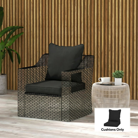 Black woven wicker armchair with black seat cushion and padded cushion set by Outsunny cushion only