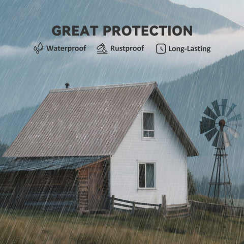 White-painted farmhouse roofed with grey wood effect galvanised steel panels from outsunny set of 12 corrugated steel sheets