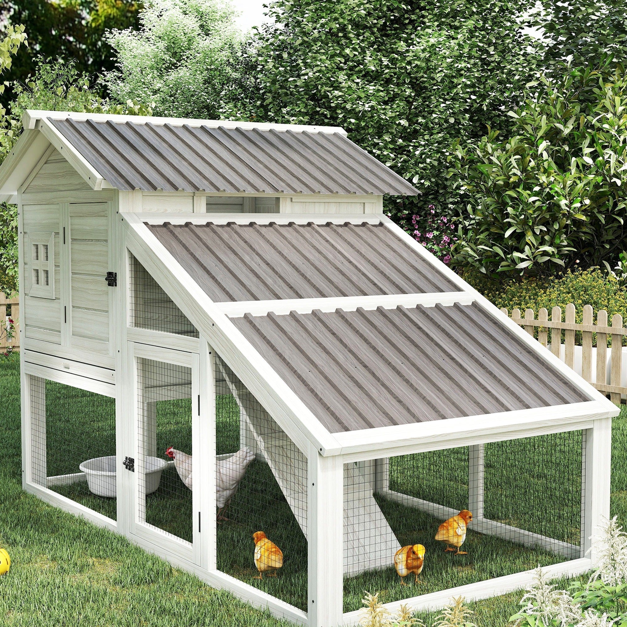 White wooden chicken coop with grey wood effect corrugated galvanised steel panels and wire mesh sides
