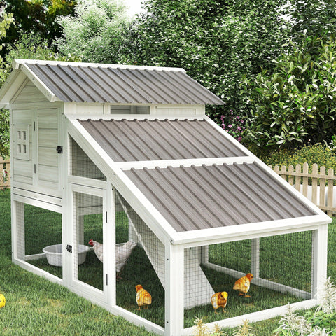 White wooden chicken coop with grey wood effect corrugated galvanised steel panels and wire mesh sides