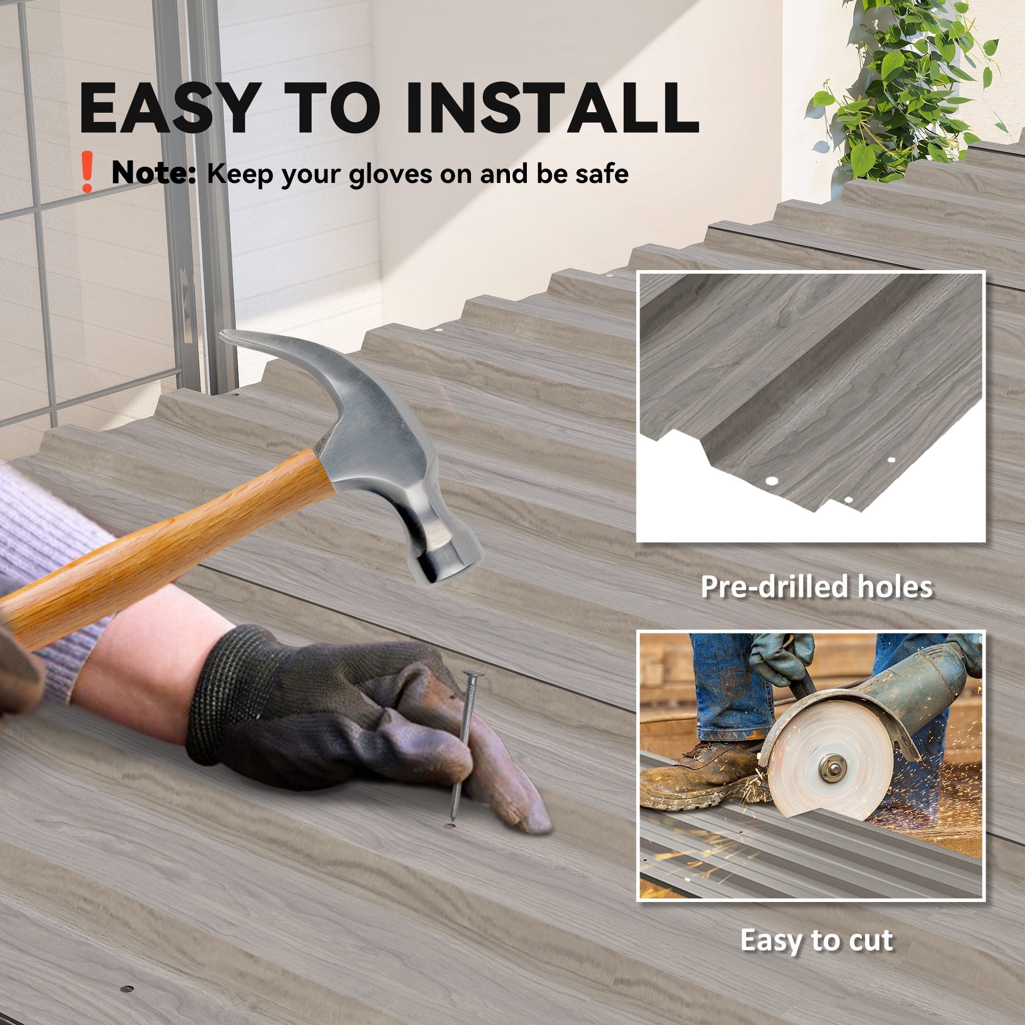 Outsunny set of 12 grey wood effect galvanised steel panels with gray wood-grain vinyl plank flooring and pre-drilled holes for easy installation
