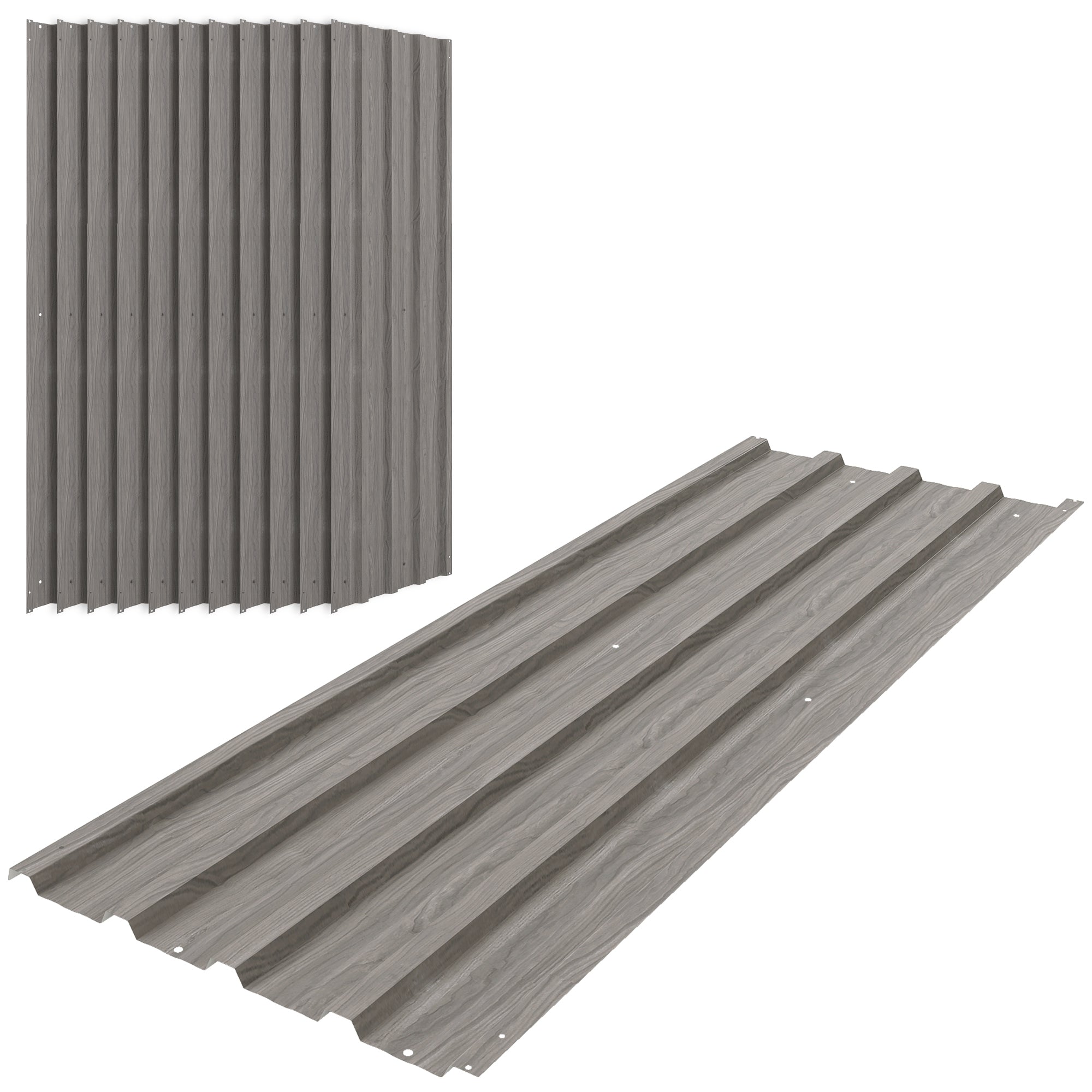 Outsunny set of 12 grey wood effect corrugated galvanised steel panels with wood grain texture for roofing use