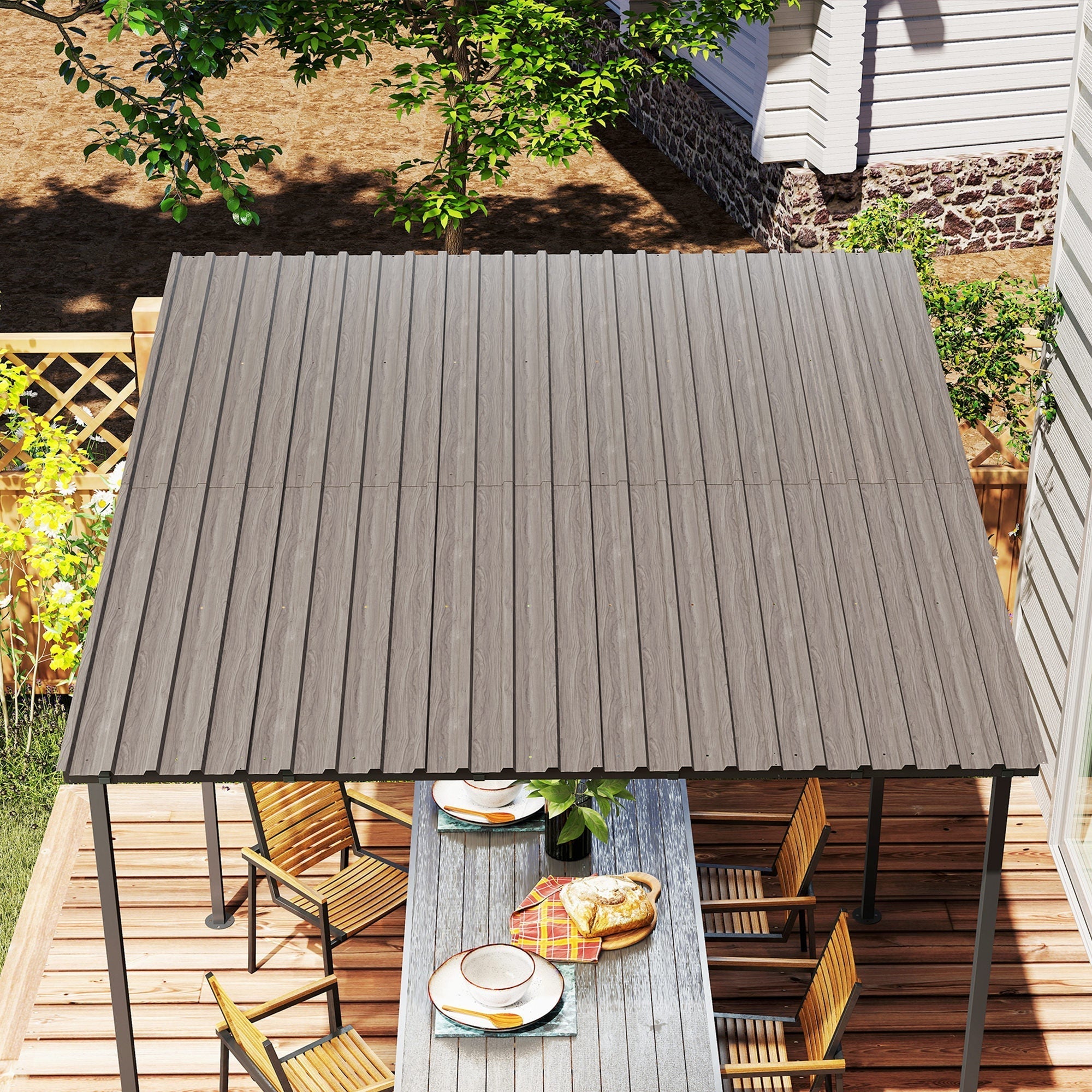 Gray wooden-textured galvanised steel patio roof with vertical slats and black poles from outsunny grey wood effect panels