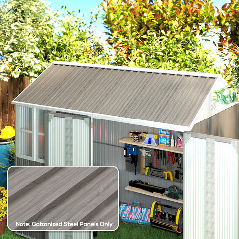 Gray garden shed with white trim featuring a slanted roof made of galvanised steel panels with grey wood effect