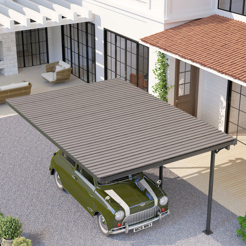 Gray striped galvanised steel carport with black frame and grey wood effect panels covering vintage mini cooper