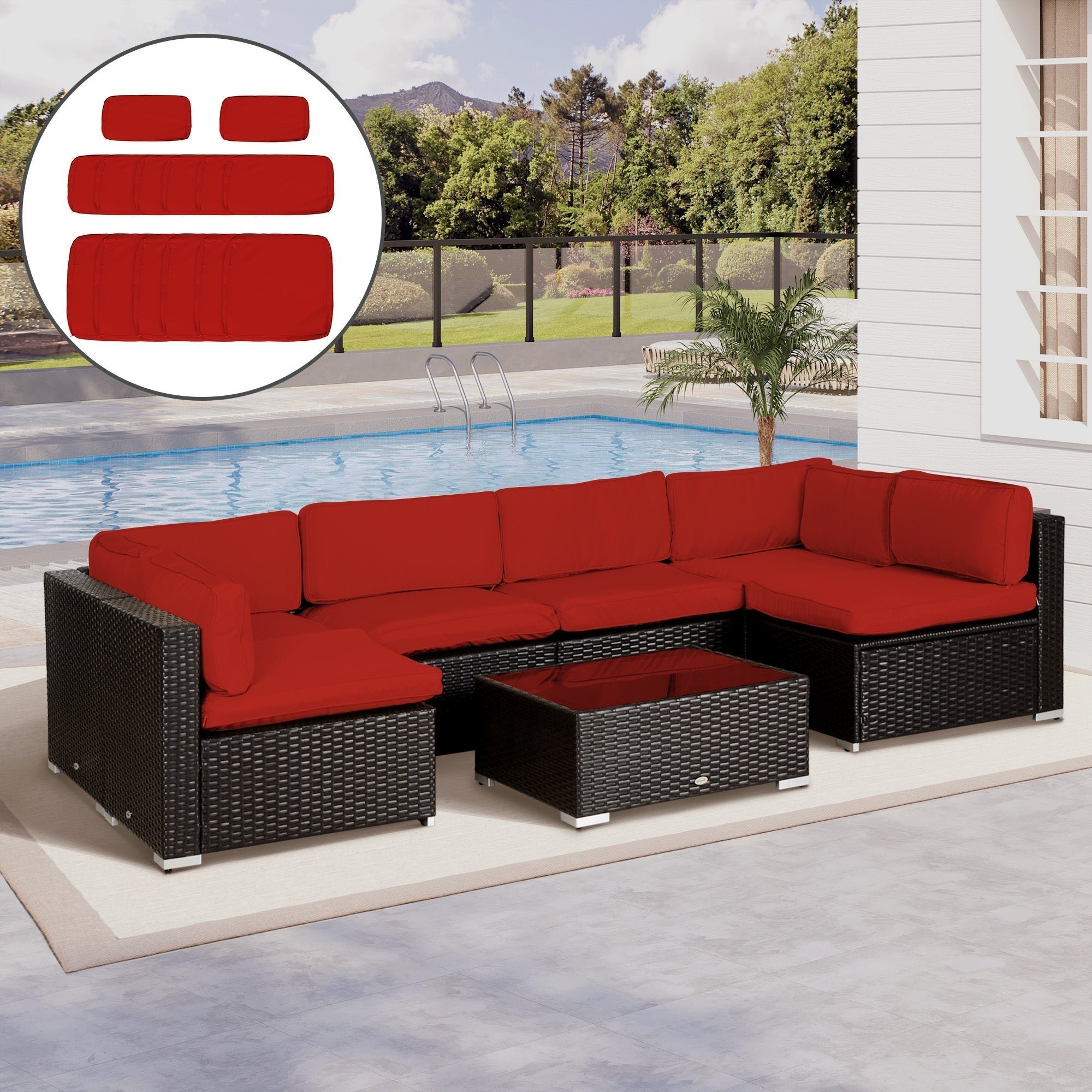 Red cushioned outdoor sectional sofa with black wicker frame featuring six seat covers from outsunny set with cushion dimension