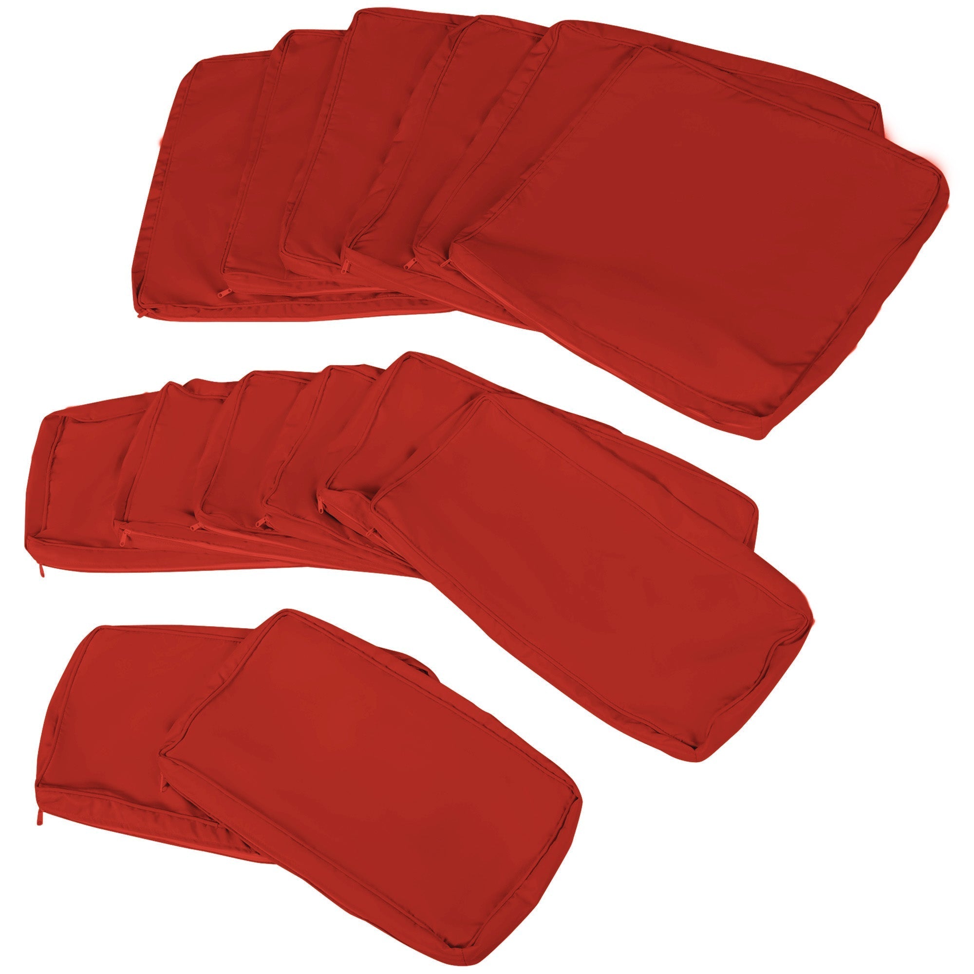 Set of ten vibrant red outsunny outdoor cushion covers neatly arranged showing cushion dimension for six seat covers