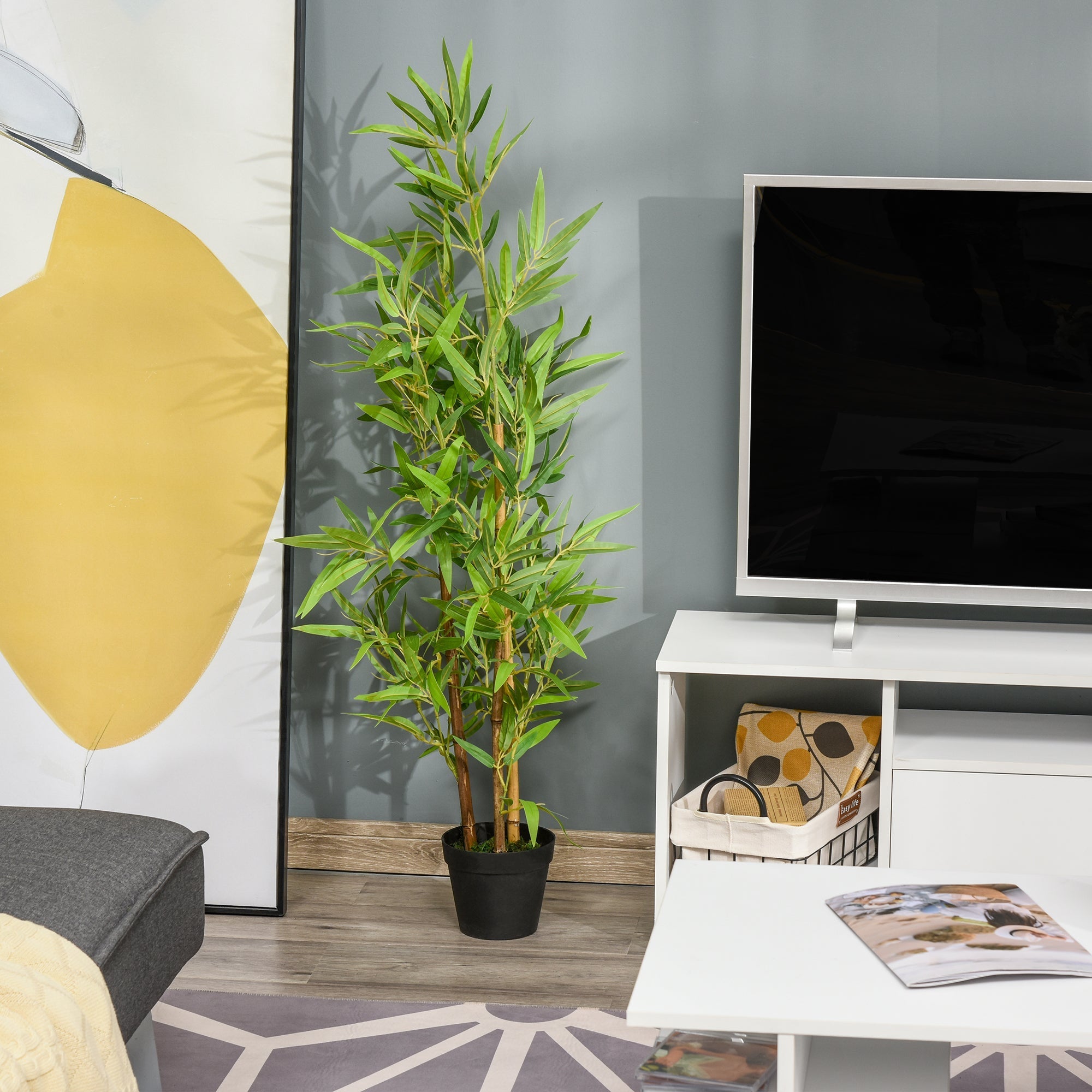 Outsunny set of 2 artificial bamboo trees with brown stalks and green leaves in black pots for indoor outdoor decor