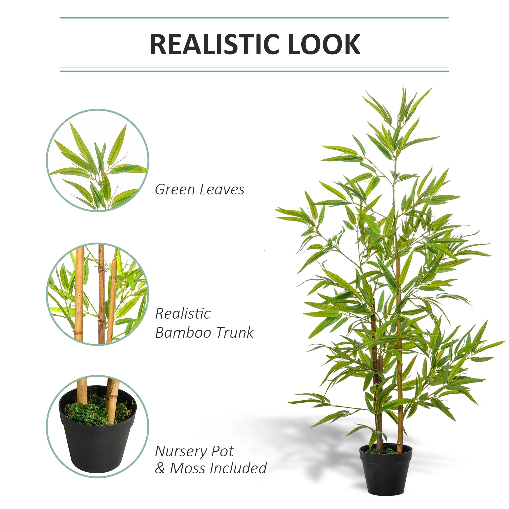 Artificial bamboo tree with green leaves and realistic trunk potted in black nursery pot with moss for indoor outdoor decor