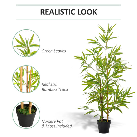 Artificial bamboo tree with green leaves and realistic trunk potted in black nursery pot with moss for indoor outdoor decor