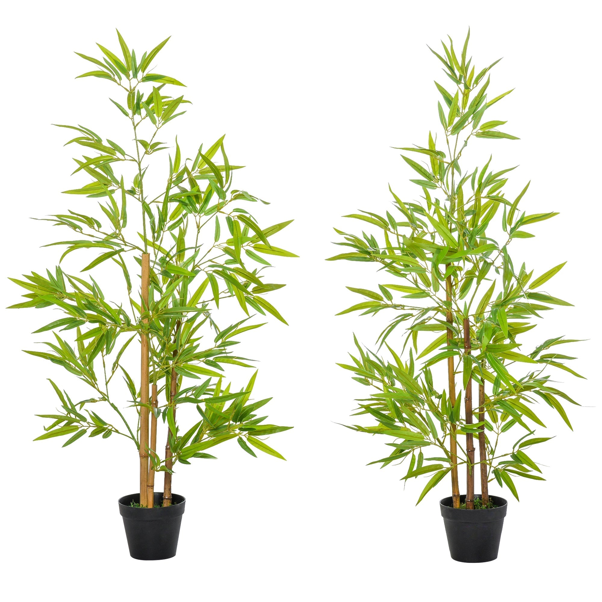 Two identical artificial bamboo trees with green leaves and brown stalks in black pots for indoor outdoor decor