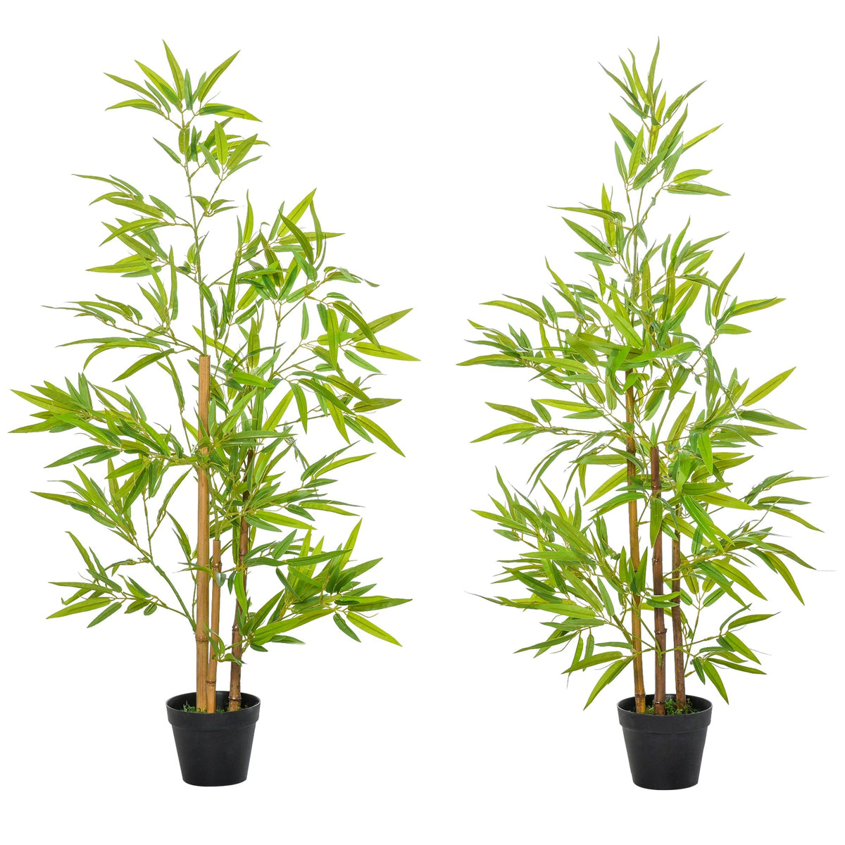 Two identical artificial bamboo trees with green leaves and brown stalks in black pots for indoor outdoor decor