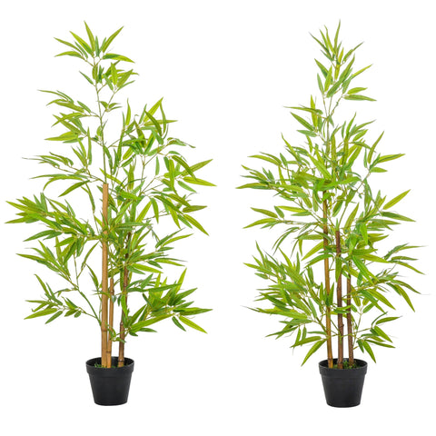Two identical artificial bamboo trees with green leaves and brown stalks in black pots for indoor outdoor decor