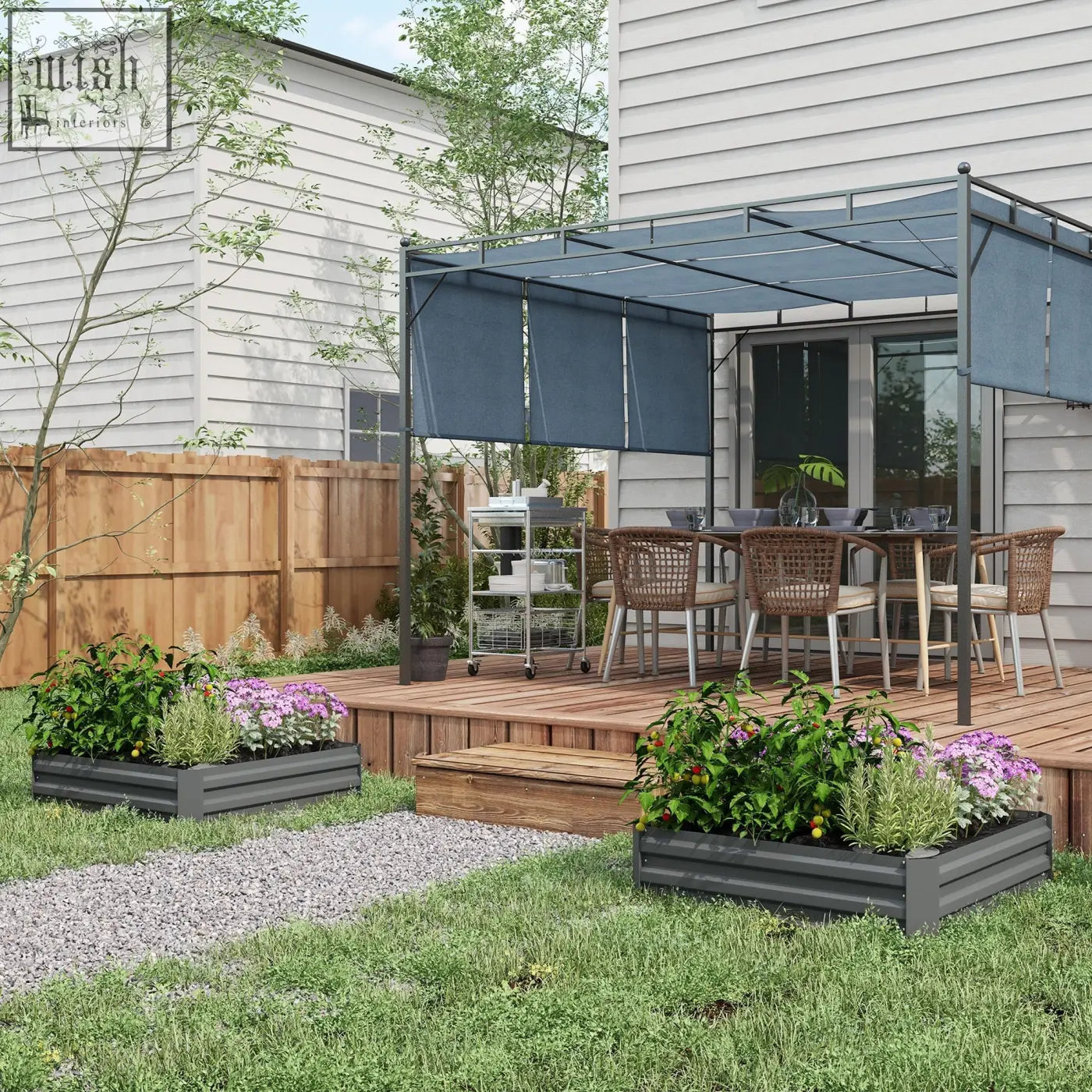 Dark grey metal raised garden bed set of 2 by Outsunny with purple and green plants, elevated garden bed for herbs and flowers
