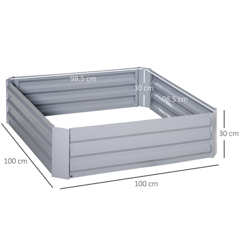 Gray corrugated metal raised garden bed by Outsunny with dimensions labeled for flowers and herbs 100x100x30cm
