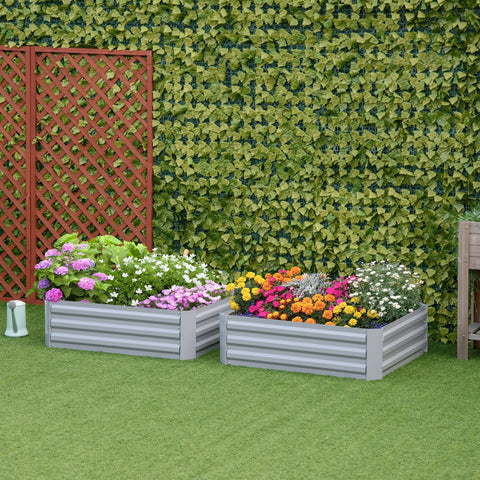 Outsunny set of 2 grey galvanized metal raised garden beds filled with colorful flowers for herbs and flowers