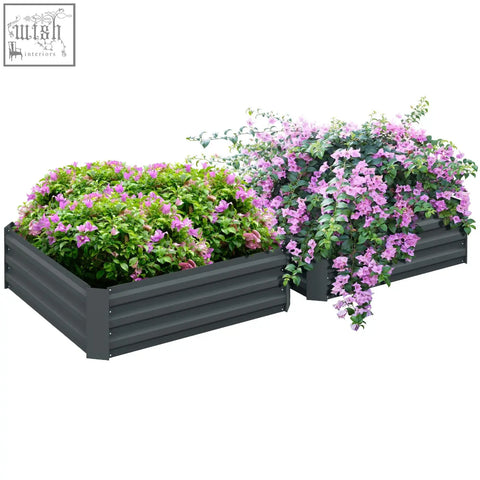 Outsunny set of 2 dark grey corrugated metal raised garden bed filled with green plants and purple flowers