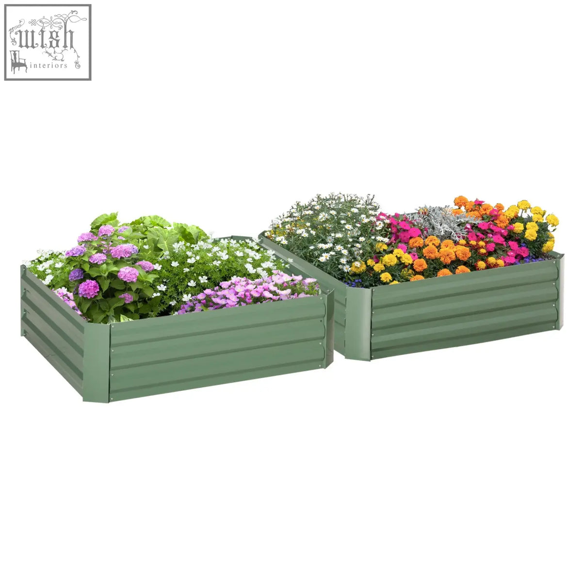 Two green galvanized raised garden beds from outsunny set filled with colorful flowers and herbs