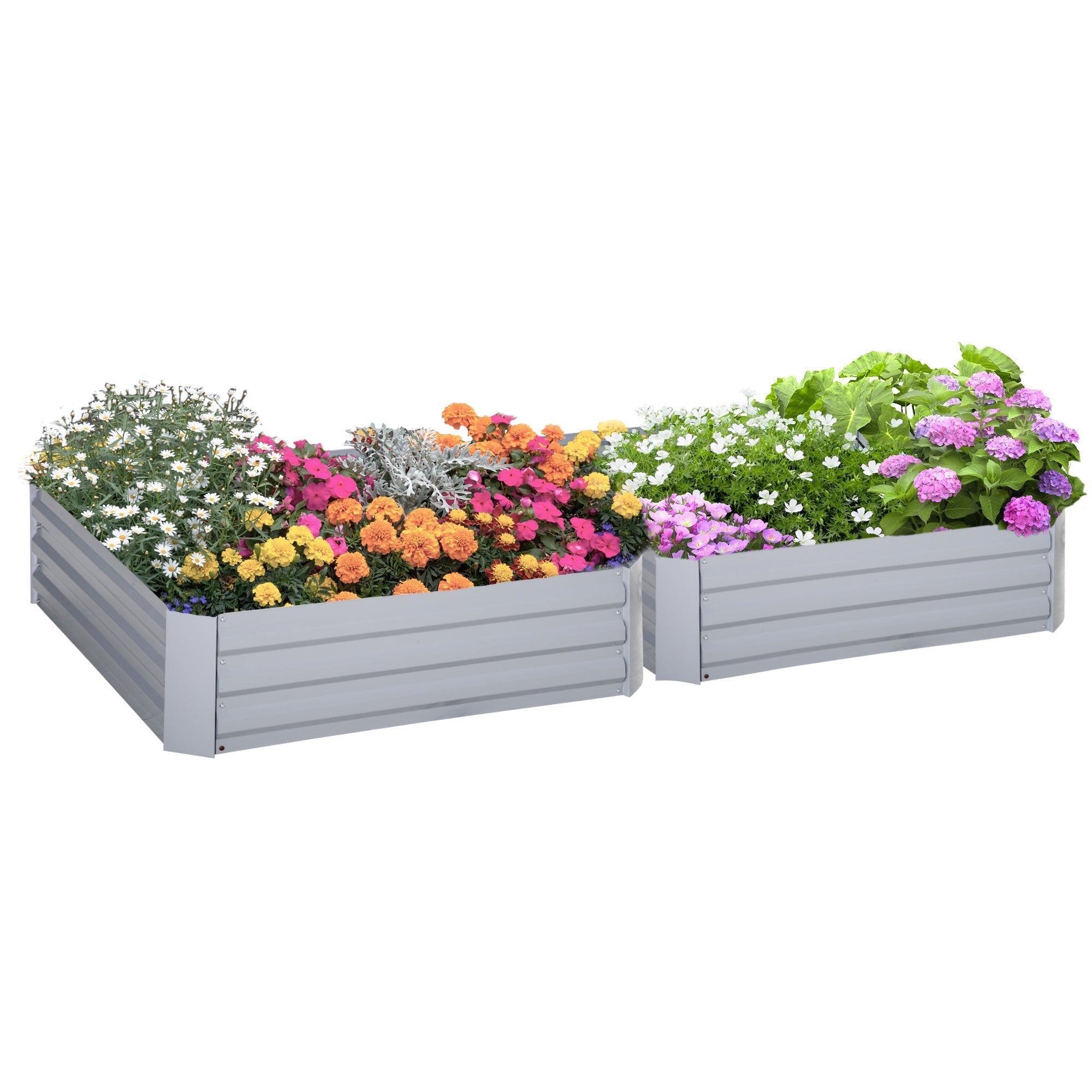 Outsunny set of 2 grey galvanized metal raised garden bed filled with vibrant flowers and greenery for herbs and flowers