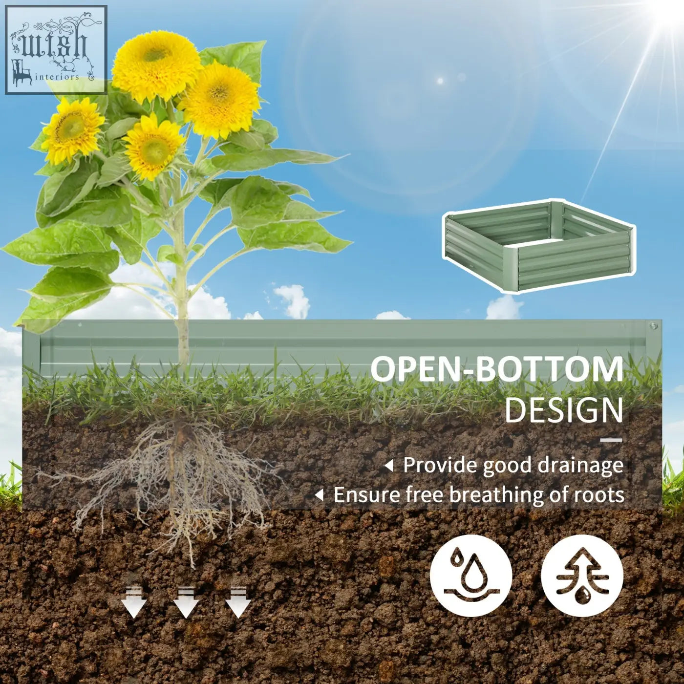 Green metal raised garden bed set of 2 with open-bottom galvanized planter box for flowers and herbs