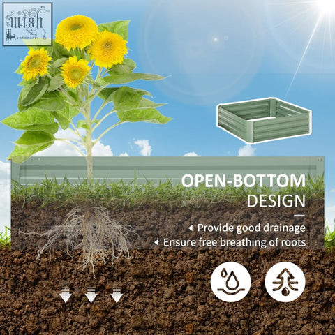 Green metal raised garden bed set of 2 with open-bottom galvanized planter box for flowers and herbs