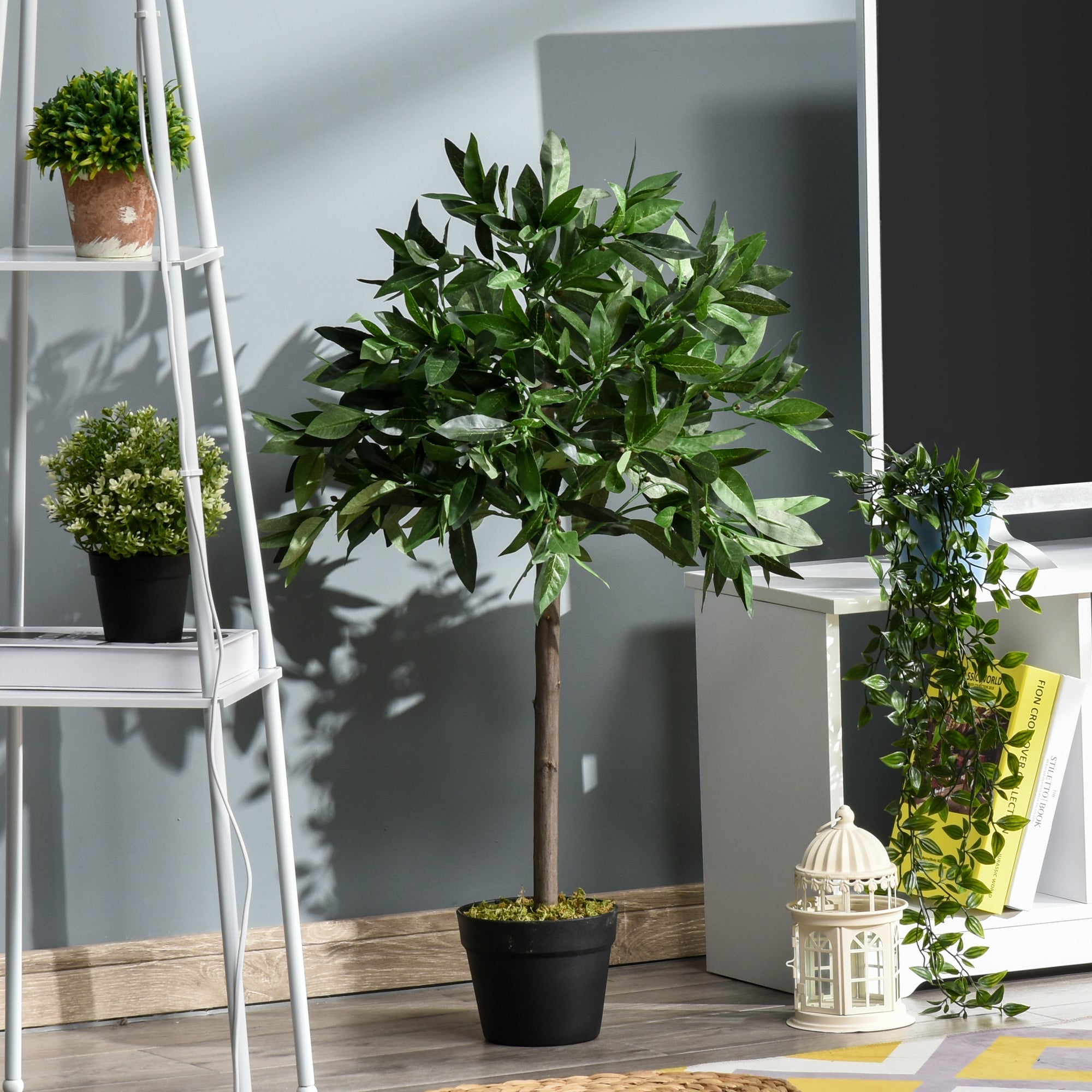 Outsunny set of 2 year round artificial green bay tree topiary trees in black pots for indoor outdoor decor