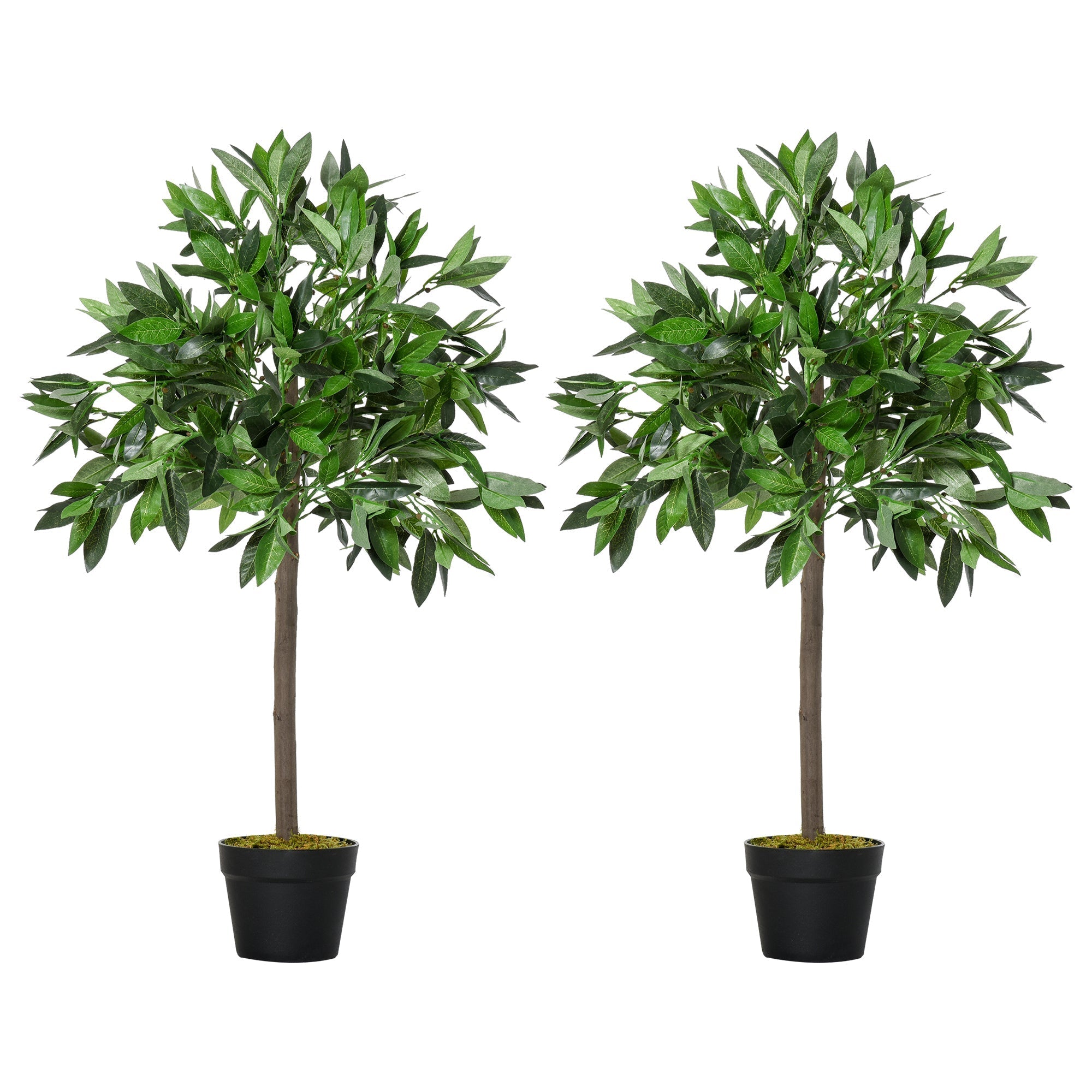 Two artificial bay trees with lush green foliage and brown trunks in black pots for year round home and garden decor