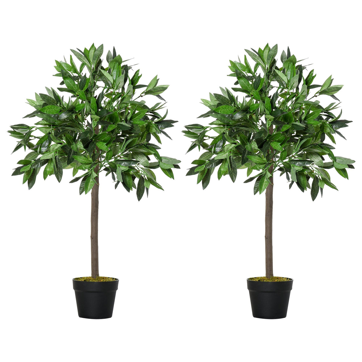 Two artificial bay trees with lush green foliage and brown trunks in black pots for year round home and garden decor