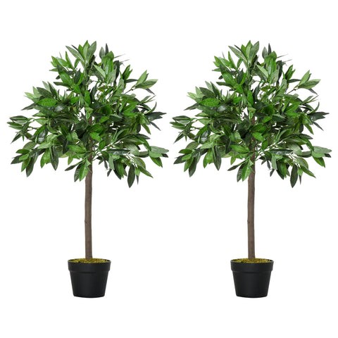Two artificial bay trees with lush green foliage and brown trunks in black pots for year round home and garden decor