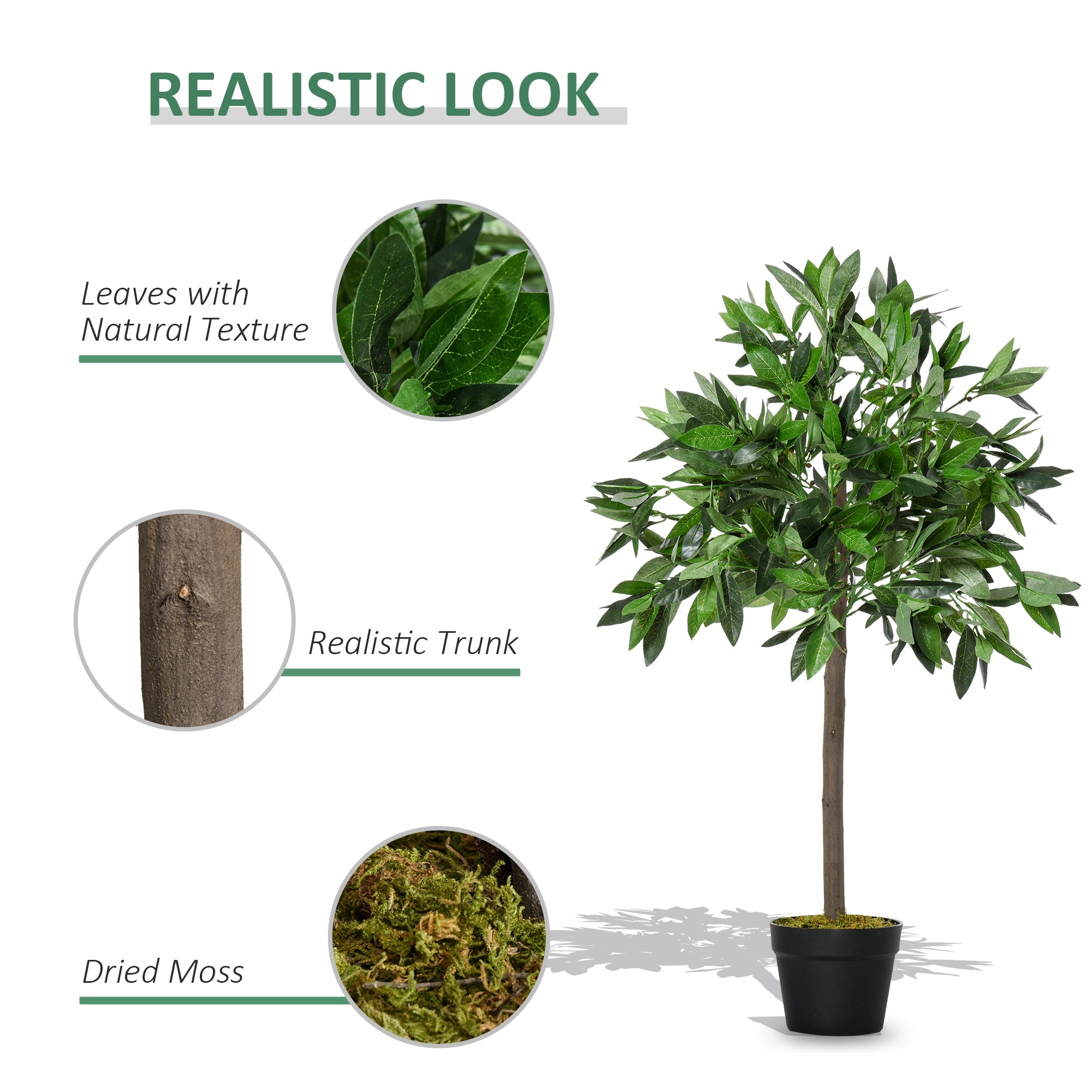 Green artificial bay tree topiary with realistic leaves and trunk potted in black container with dried moss for year round decor
