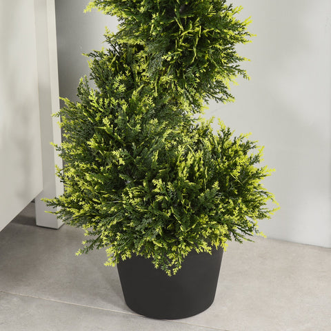 Tall spiral topiary tree with dense green and yellow foliage in a sleek black pot for indoor outdoor décor